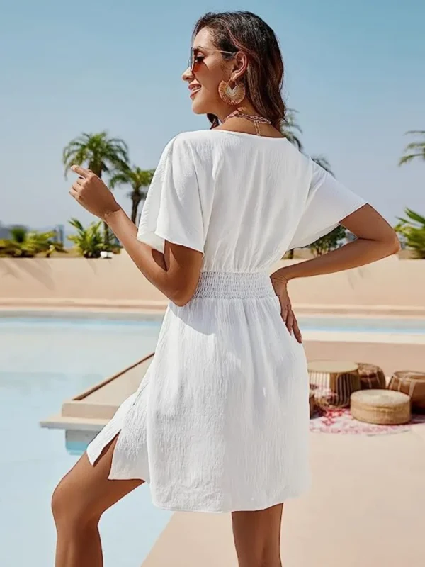 Smocked V-Neck Short Sleeve Dress - Image 2