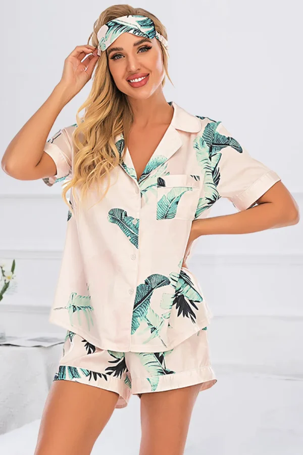 Printed Button Up Short Sleeve Top and Shorts Lounge Set - Image 5