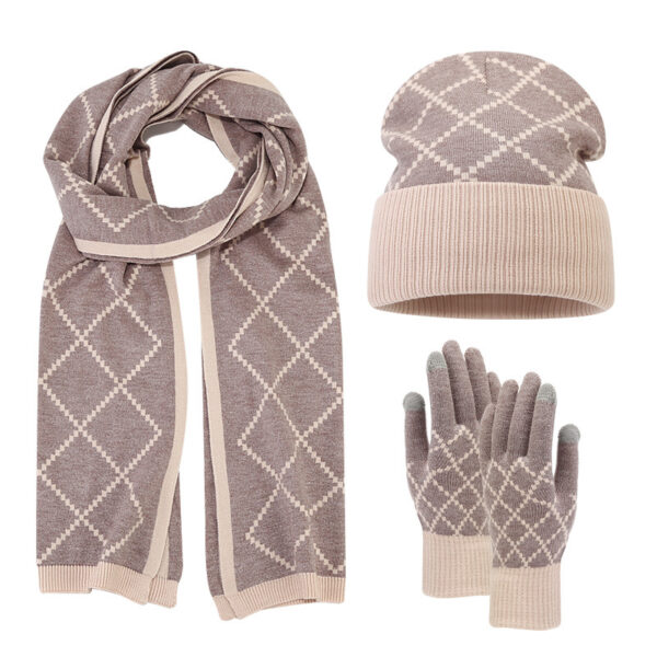 Adult Knitted Hat Glove Scarf Set Winter Men and Women Outdoor Cold proof Diamond Grid Knitted Hat - Image 2