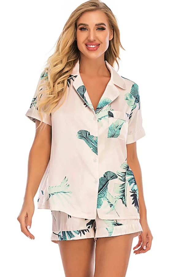 Printed Button Up Short Sleeve Top and Shorts Lounge Set - Image 7