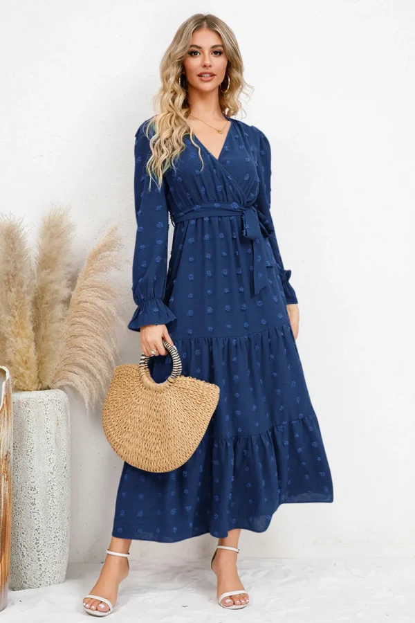 Swiss Dot Tied Surplice Flounce Sleeve Dress - Image 13