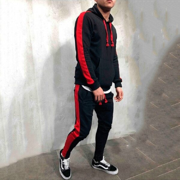 2 Pieces Sets Men Tracksuit Hooded Sweatshirt +Drawstring Pants Male Stripe Patchwork Hoodies - Image 8