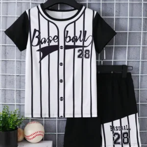 Children's Round Neck Contrast Striped T-Shirt and Shorts Set