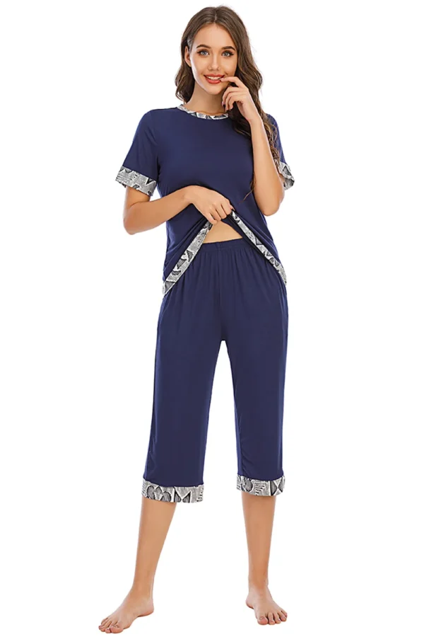 Round Neck Short Sleeve Top and Capris Pants Lounge Set - Image 9