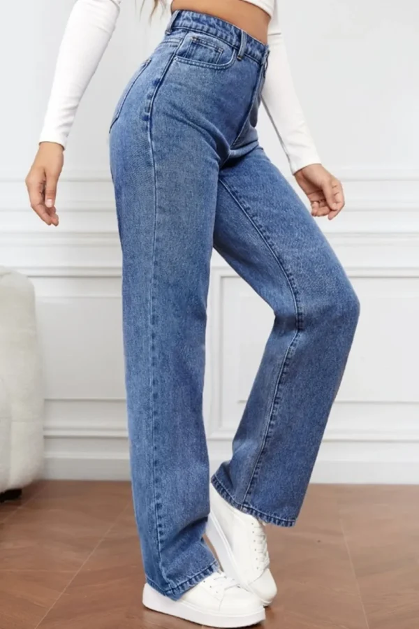 Washed denim fashionable straight leg pants long high waisted jeans pants for women - Image 3
