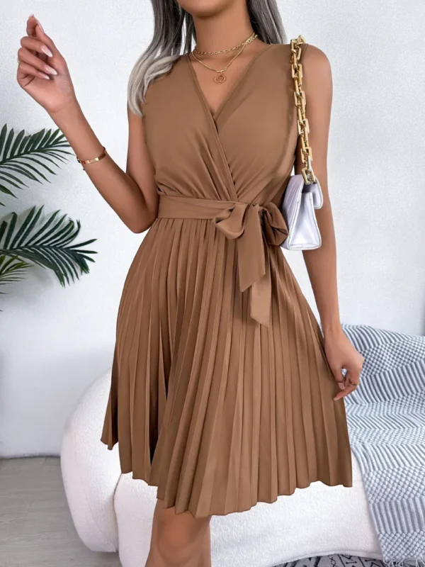 Tied Surplice Sleeveless Pleated Dress - Image 16