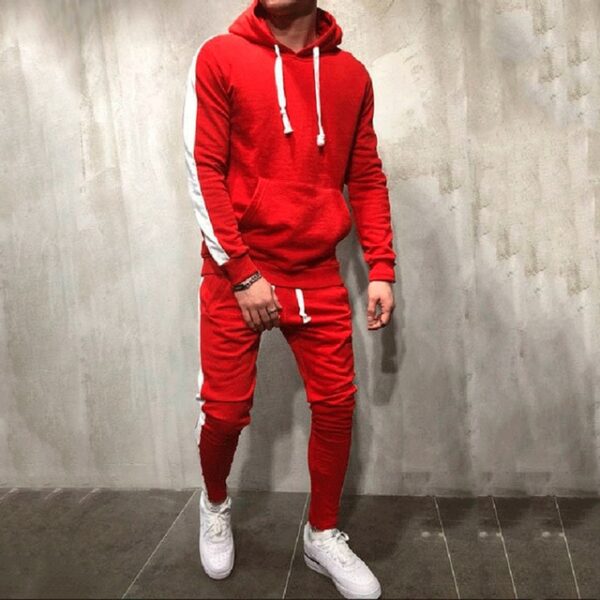 2 Pieces Sets Men Tracksuit Hooded Sweatshirt +Drawstring Pants Male Stripe Patchwork Hoodies - Image 7