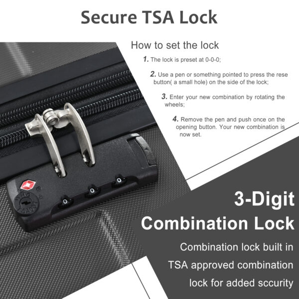 Hardshell Luggage Sets 3 Pcs Spinner Suitcase with TSA Lock Lightweight 20''24''28'' Black + ABS - Image 4