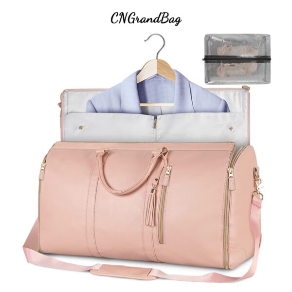 Large leather folding suit bag, travel crossbody, one shoulder sports and fitness bag, large capacity, handheld clothing, luggage bag - Image 9