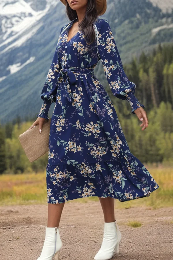 Perfee Printed Notched Lantern Sleeve Midi Dress - Image 4