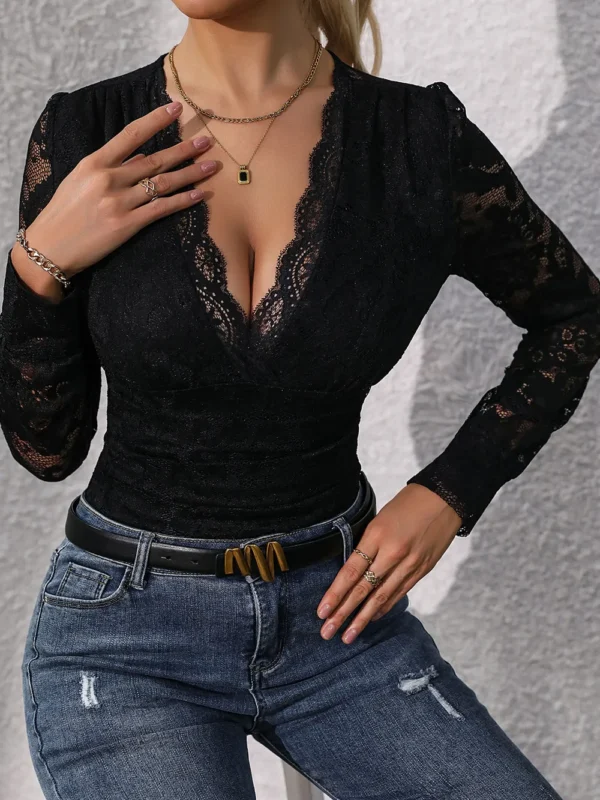 Perfee Lace Plunge Long Sleeve Bodysuit - Image 3