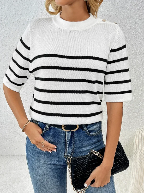 Striped Round Neck Half Sleeve Knit Top - Image 5