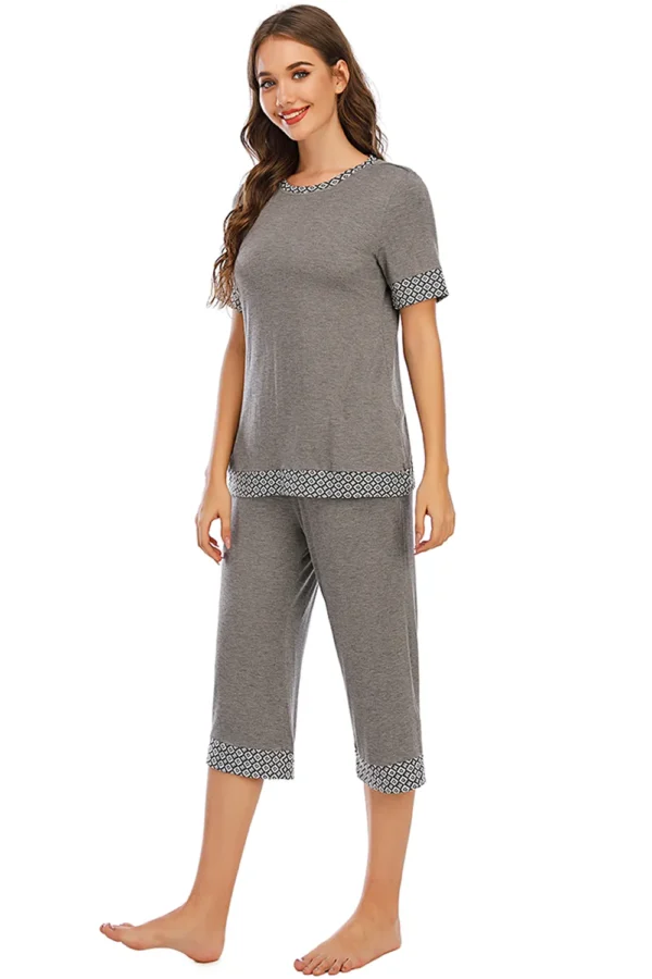 Round Neck Short Sleeve Top and Capris Pants Lounge Set - Image 3