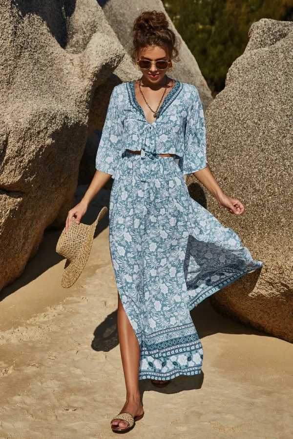 Printed Half Sleeve Top and Slit Skirt Set - Image 18