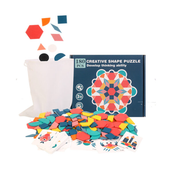 Christmas toy gift: Fun 180 piece tangram puzzle for children's early education and puzzle. Geometric shape matching puzzle wooden toy - Image 2