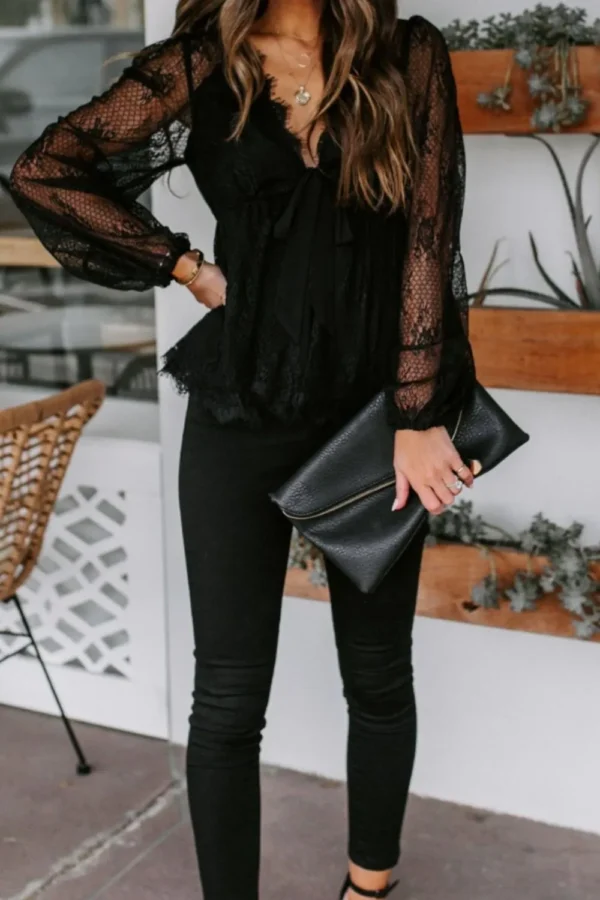 Autumn New Lace Embroidery Splicing Lace Bow Strap Long Sleeve Top - Image 5