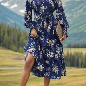 Perfee Printed Notched Lantern Sleeve Midi Dress
