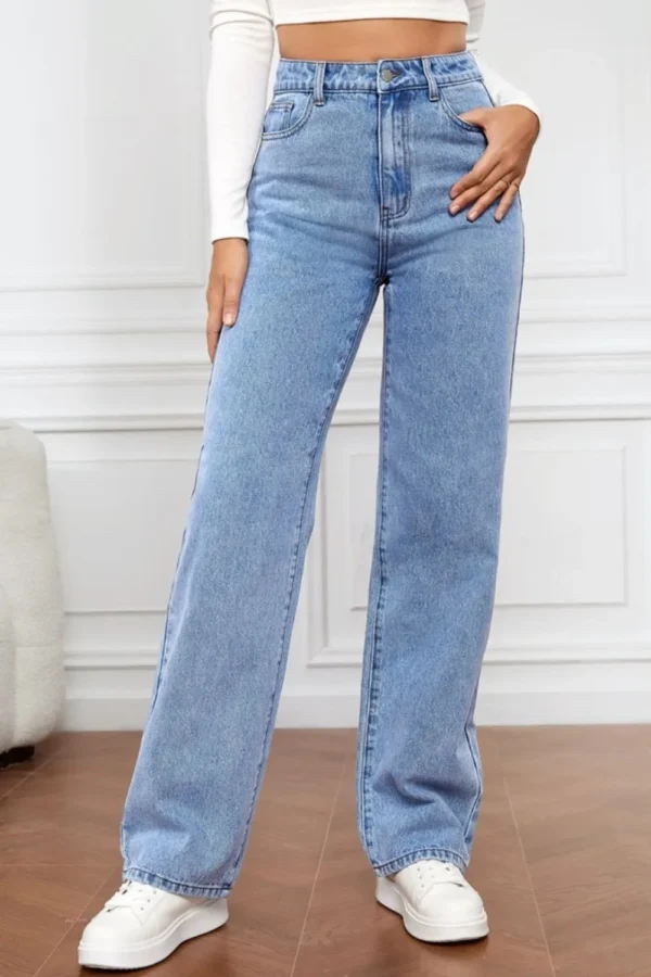 Washed denim fashionable straight leg pants long high waisted jeans pants for women - Image 5
