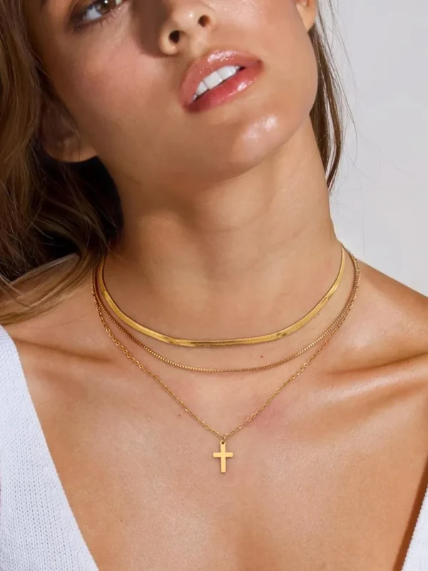 18K Gold-Plated Three-Layered Cross Necklace - Image 12