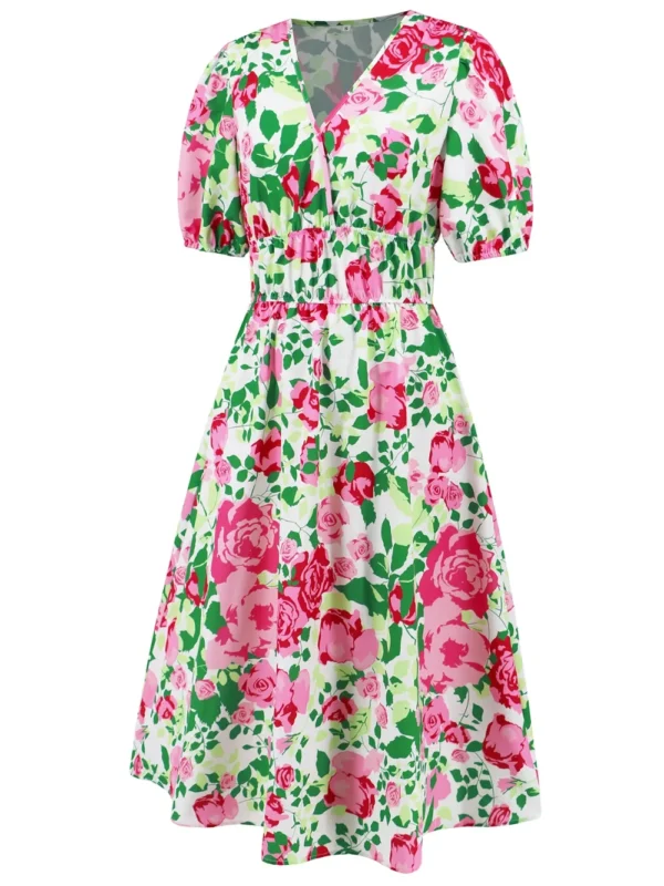 Ruched Printed Surplice Short Sleeve Dress - Image 4