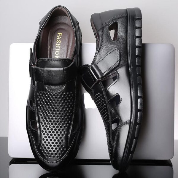 Men's leather sandals summer breathable leather shoes middle-aged and elderly soft soled dad's perforated shoes - Image 3