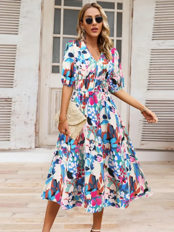 Ruched Printed Surplice Short Sleeve Dress - Image 16