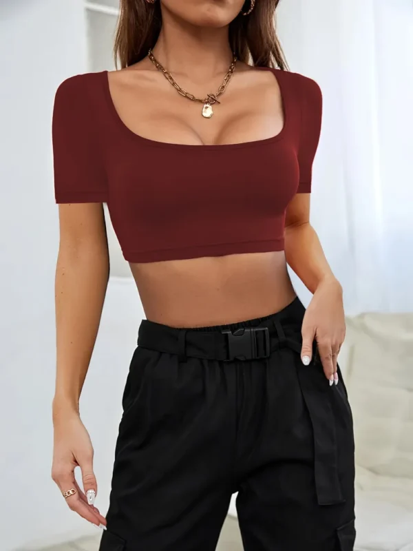 Sports and leisure women's short knitted high elasticity T-shirt top - Image 15