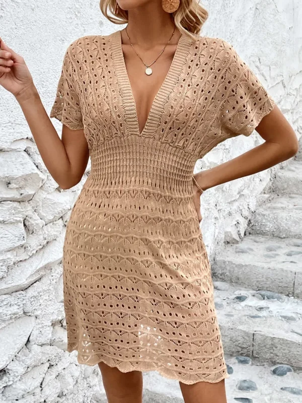 Beach skirt ripple hollow out dress deep V elastic waist - Image 17