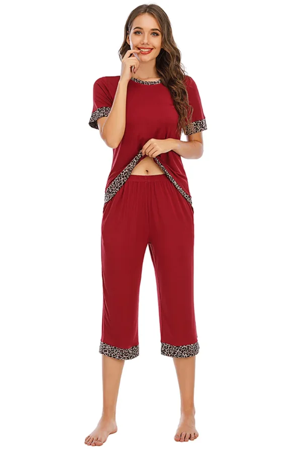 Round Neck Short Sleeve Top and Capris Pants Lounge Set - Image 16