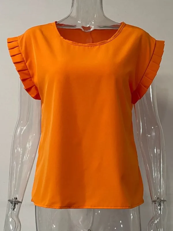 Short sleeved minimalist round neck pleated shirt for women - Image 2