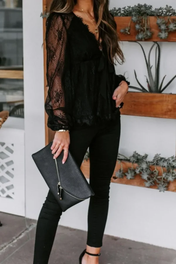 Autumn New Lace Embroidery Splicing Lace Bow Strap Long Sleeve Top - Image 6