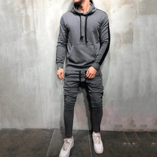 2 Pieces Sets Men Tracksuit Hooded Sweatshirt +Drawstring Pants Male Stripe Patchwork Hoodies - Image 2
