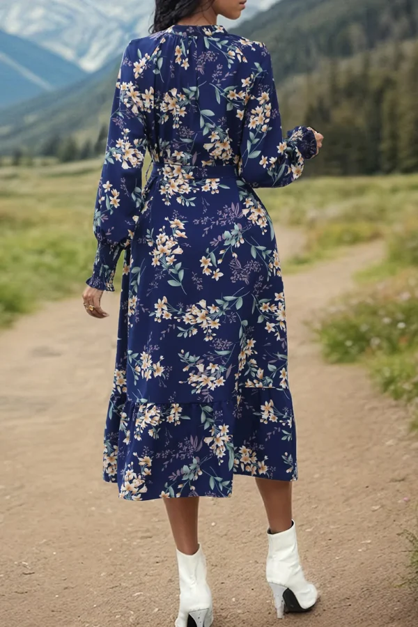 Perfee Printed Notched Lantern Sleeve Midi Dress - Image 2