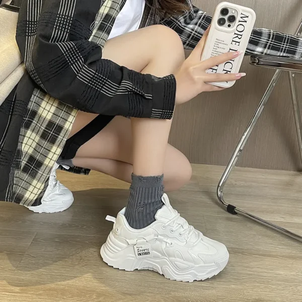 Thick soled women's white single shoes Korean version color blocked lace up height for casual running - Image 3