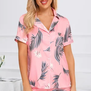Printed Button Up Short Sleeve Top and Shorts Lounge Set