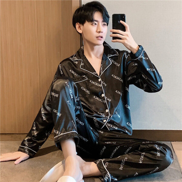 long sleeved silk pajamas for men and men simulated silk plus size home suit set - Image 20
