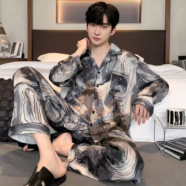 long sleeved silk pajamas for men and men simulated silk plus size home suit set - Image 5