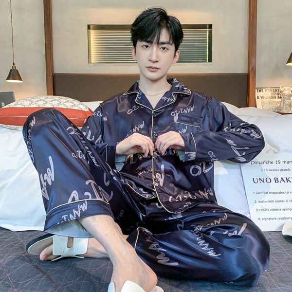 long sleeved silk pajamas for men and men simulated silk plus size home suit set - Image 23