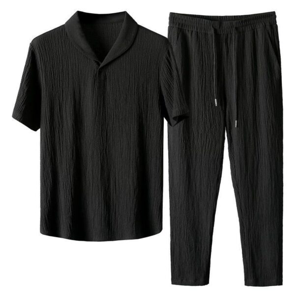 Pleated casual sports suit for men, light and breathable, fashionable lapel short-sleeved trousers, two-piece suit - Image 3