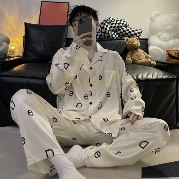 long sleeved silk pajamas for men and men simulated silk plus size home suit set - Image 8