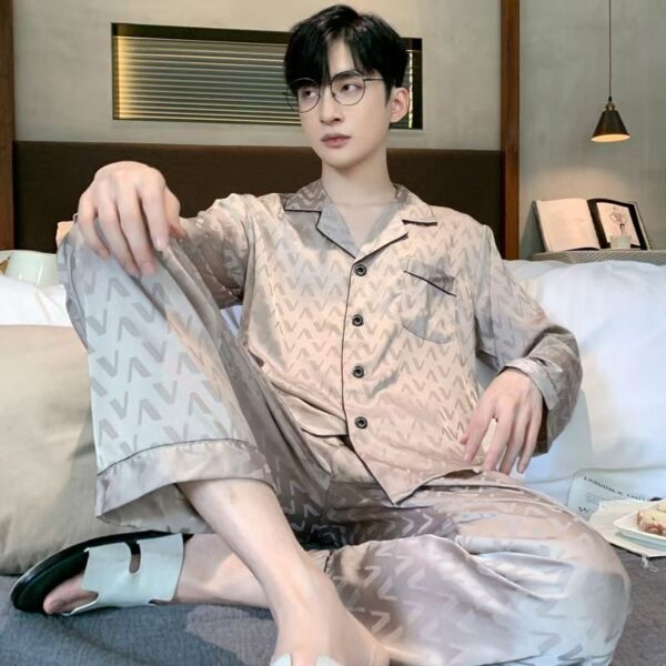 long sleeved silk pajamas for men and men simulated silk plus size home suit set - Image 6