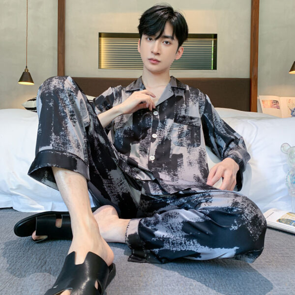long sleeved silk pajamas for men and men simulated silk plus size home suit set - Image 24