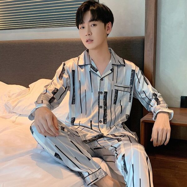 long sleeved silk pajamas for men and men simulated silk plus size home suit set - Image 18