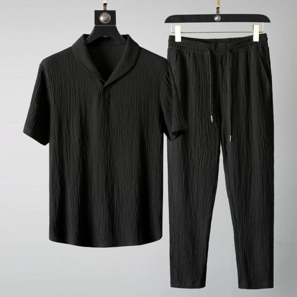 Pleated casual sports suit for men, light and breathable, fashionable lapel short-sleeved trousers, two-piece suit - Image 6