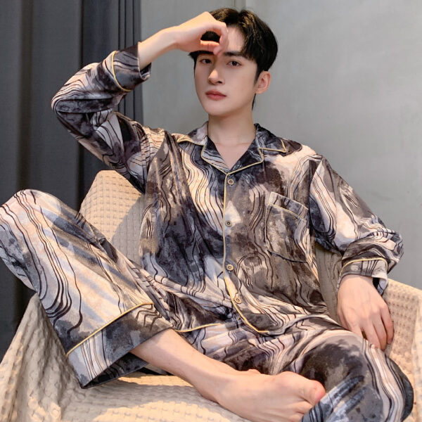 long sleeved silk pajamas for men and men simulated silk plus size home suit set - Image 4