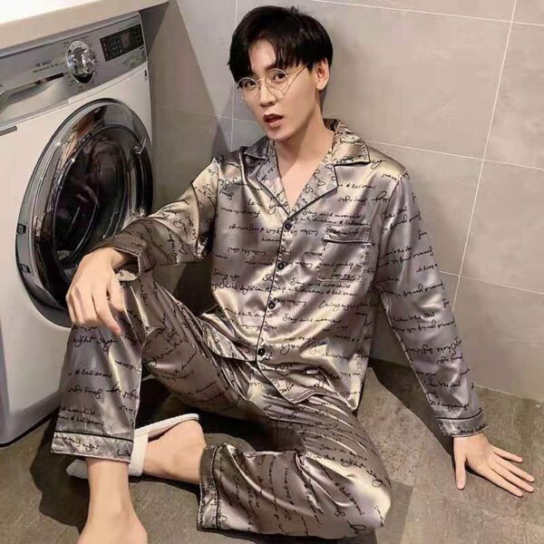 long sleeved silk pajamas for men and men simulated silk plus size home suit set - Image 21